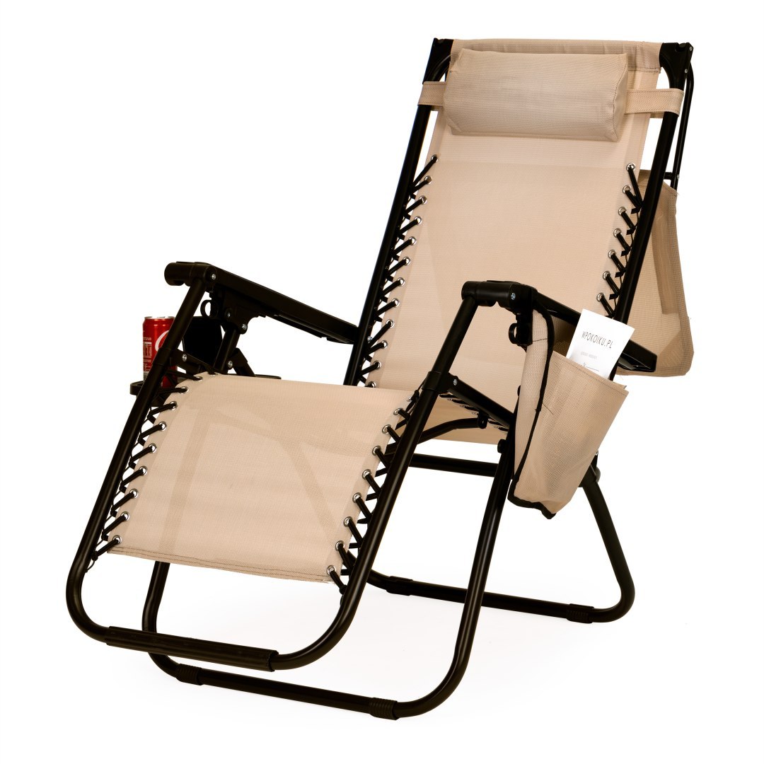 Leżak fotel ogrodowy składany daszek zero gravity beżowy