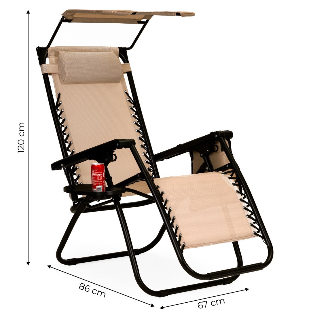 Leżak fotel ogrodowy składany daszek zero gravity beżowy