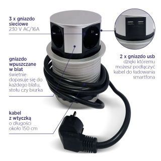 Gniazdo Listwa Podblatowa Nablatowa 3 Gniazda Wysuwane 2 USB