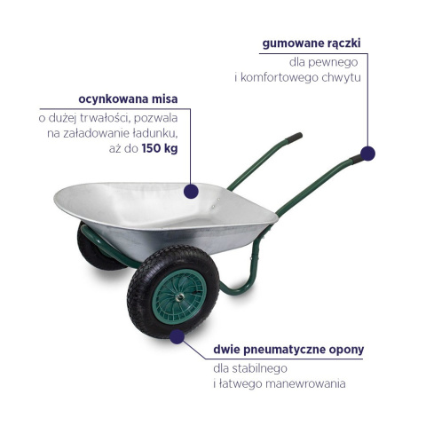 Dwukołowa taczka budowlana,ogrodowa jasnozielona 150kg 100 litrów Zwrotna