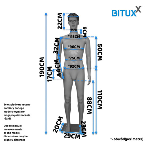 Manekin Męski Wystawowy Krawiecki 190cm Pełna Postać z Realistyczną Twarzą