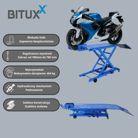 Mocna Hydrauliczna Platforma Motocyklowa 464kg – Podnośnik Warsztatowy, Regulowana Wysokość, 4 Koła, Rampa