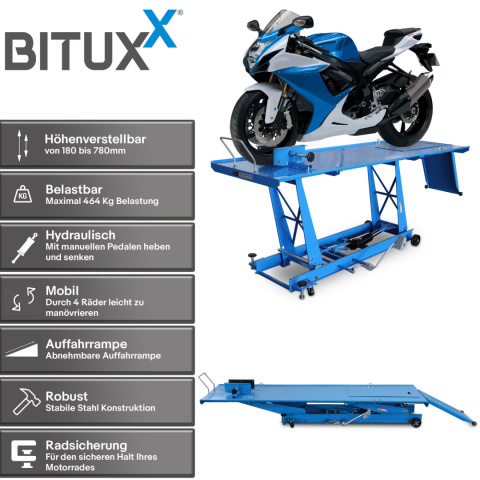 Mocna Hydrauliczna Platforma Motocyklowa 464kg – Podnośnik Warsztatowy, Regulowana Wysokość, 4 Koła, Rampa