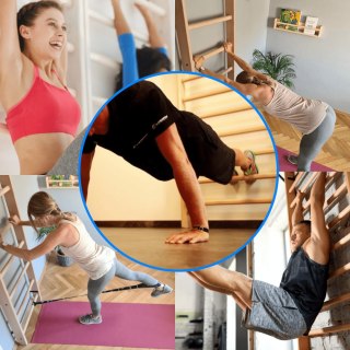 Drabinka gimnastyczna drewniana 220 cm stabilna z huśtawką drążkiem lina