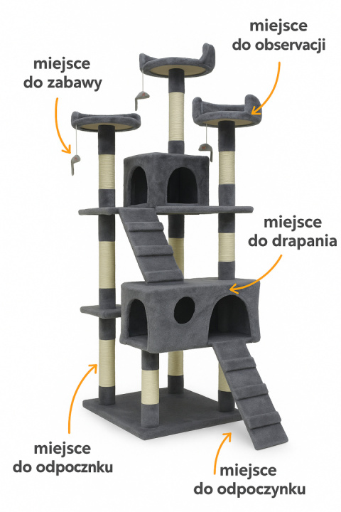 Drapak i legowisko dla kota 170 cm 7 poziomów domki i zabawki szary