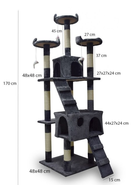 DRAPAK DLA KOTA 170cm WYSOKI 7 POZIOMÓW LEGOWISKO 2 DOMKI SŁUPEK SZARY