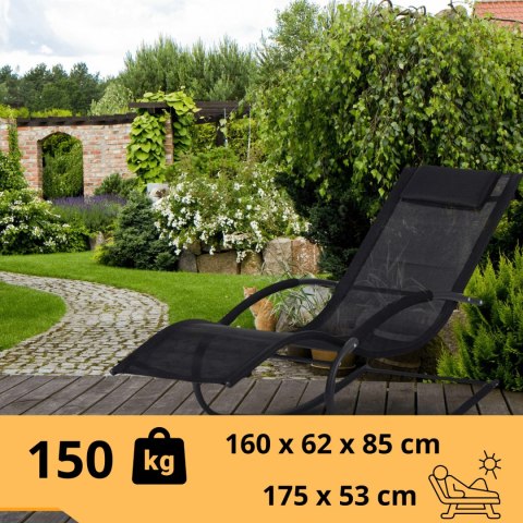 Leżak bujany ogrodowy 175cm czarny texilene 150kg lekki łatwy w transporcie Leżak bujany ogrodowy 175cm czarny texilene 150kg lekki łatwy w transporcie