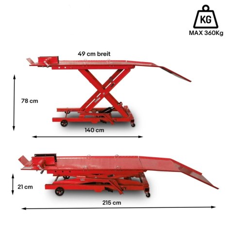 Hydrauliczny Podnośnik Nożycowy do Motocykli 360 kg 210-780 mm z Rampą