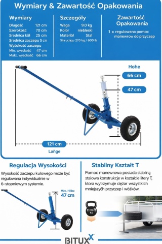 Wózek do przyczepek przyczep manewrowy do 270 kg Regulowany
