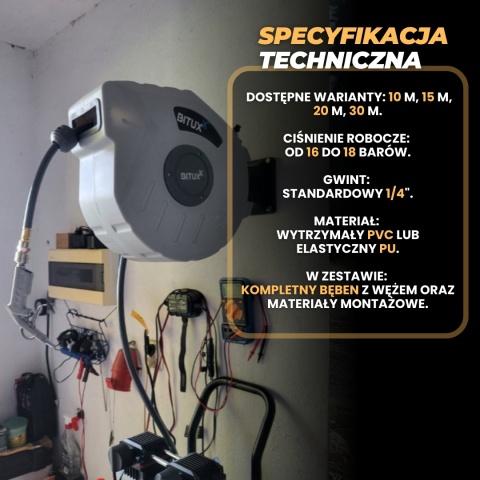 WĄŻ DO SPRĘŻARKI AUTOMATYCZNY ZWIJAK 1/4" 30 METRÓW